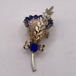 Vintage Wheat Bouquet Brooch Pin Royal Blue Rhinestones Gold Tone